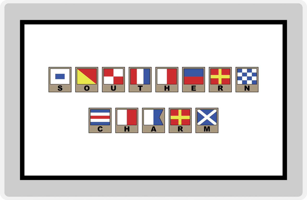 Personalized Nautical Flags Placemat - Grey and Black - Flags with Light Brown Frames -  View