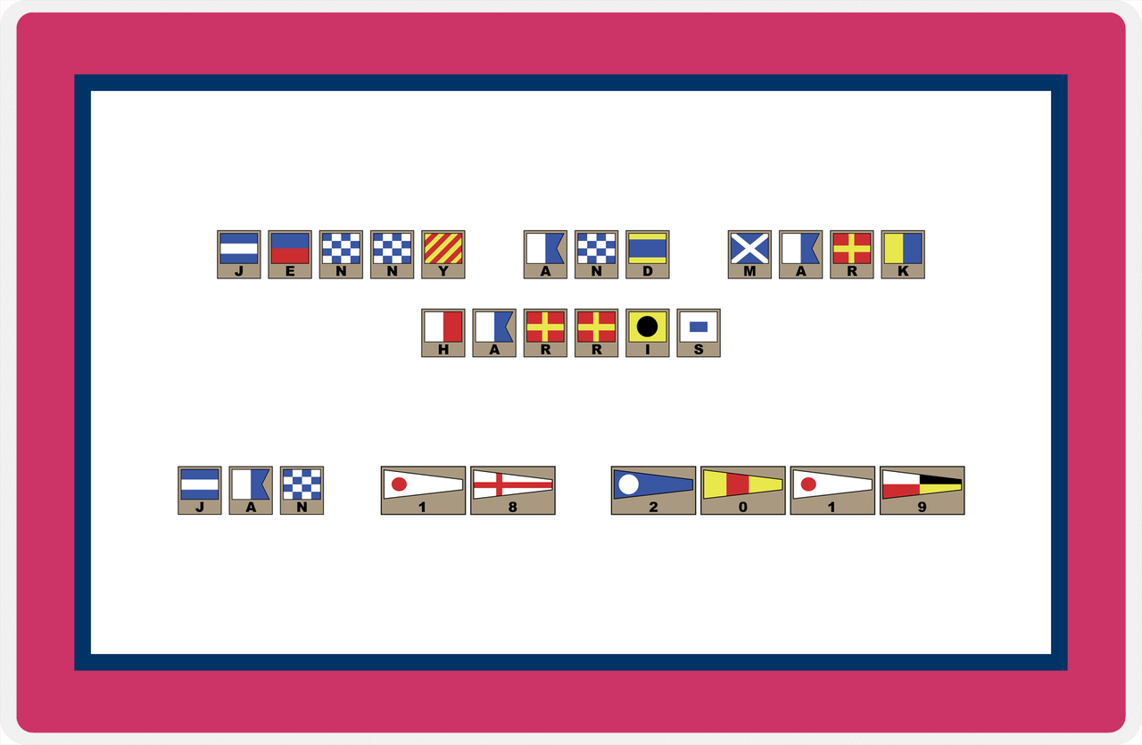 Personalized Nautical Flags Placemat - Pink and Blue - Flags with Light Brown Frames -  View