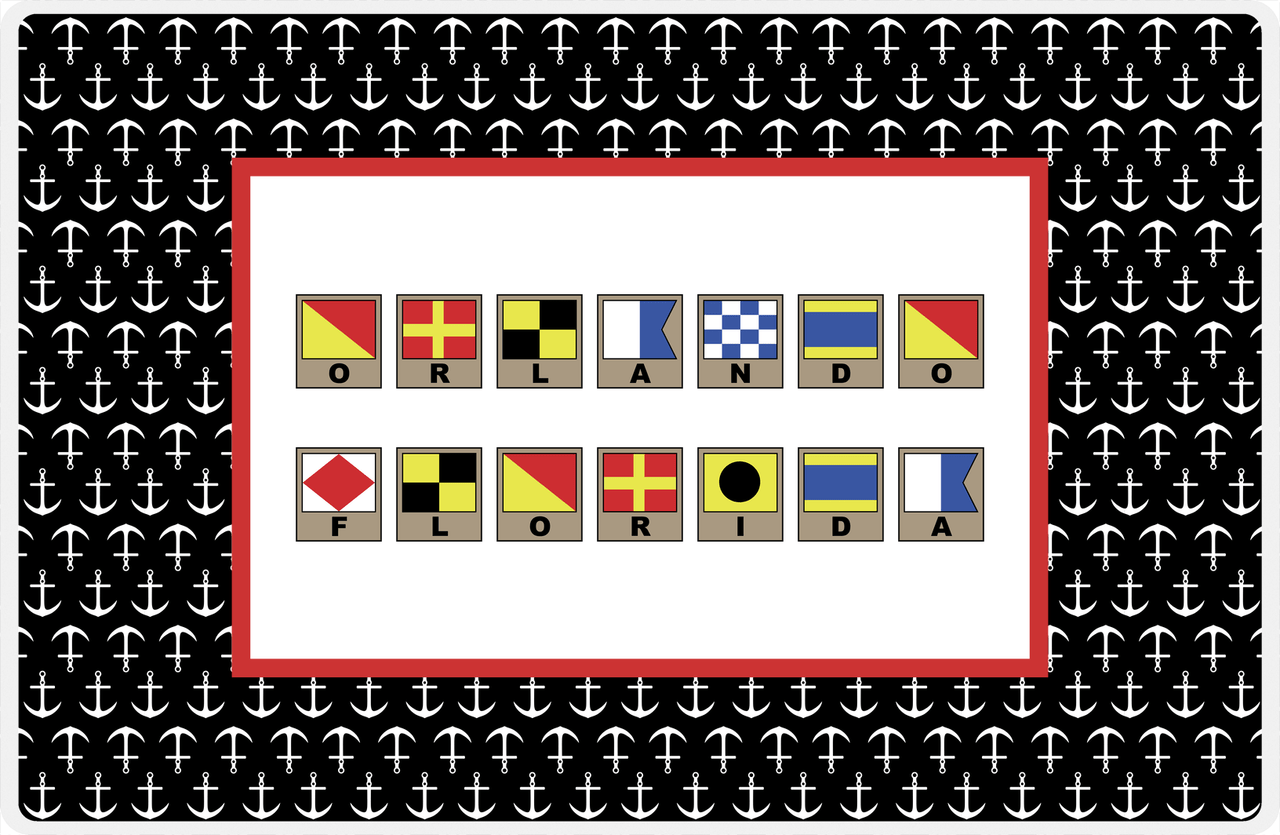 Personalized Nautical Flags Placemat with Anchors - Black and Red - Flags with Light Brown Frames -  View
