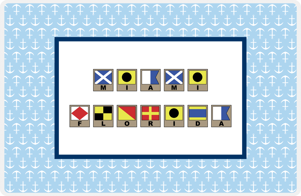 Personalized Nautical Flags Placemat with Anchors - Blue and Navy - Flags with Light Brown Frames -  View