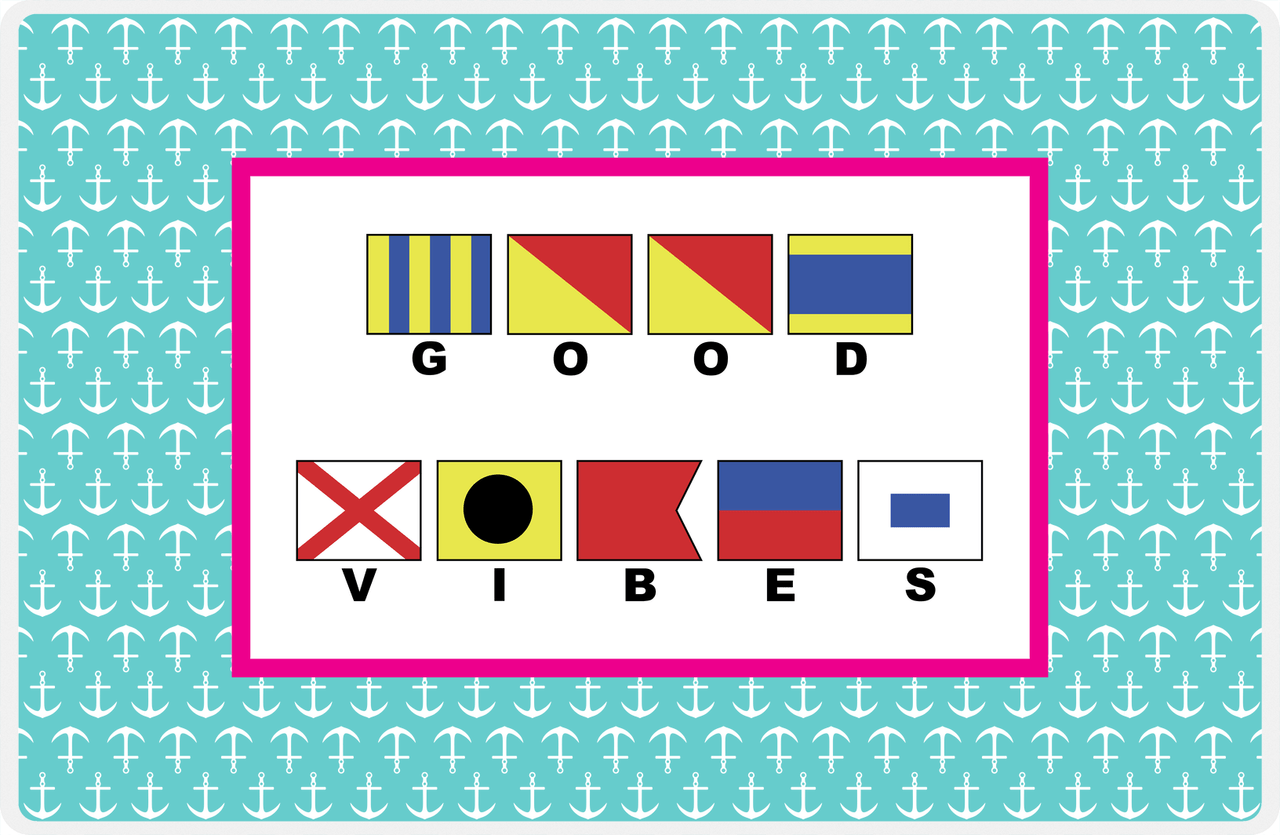 Personalized Nautical Flags Placemat with Anchors - Teal and Pink - Flags with Small Letters -  View