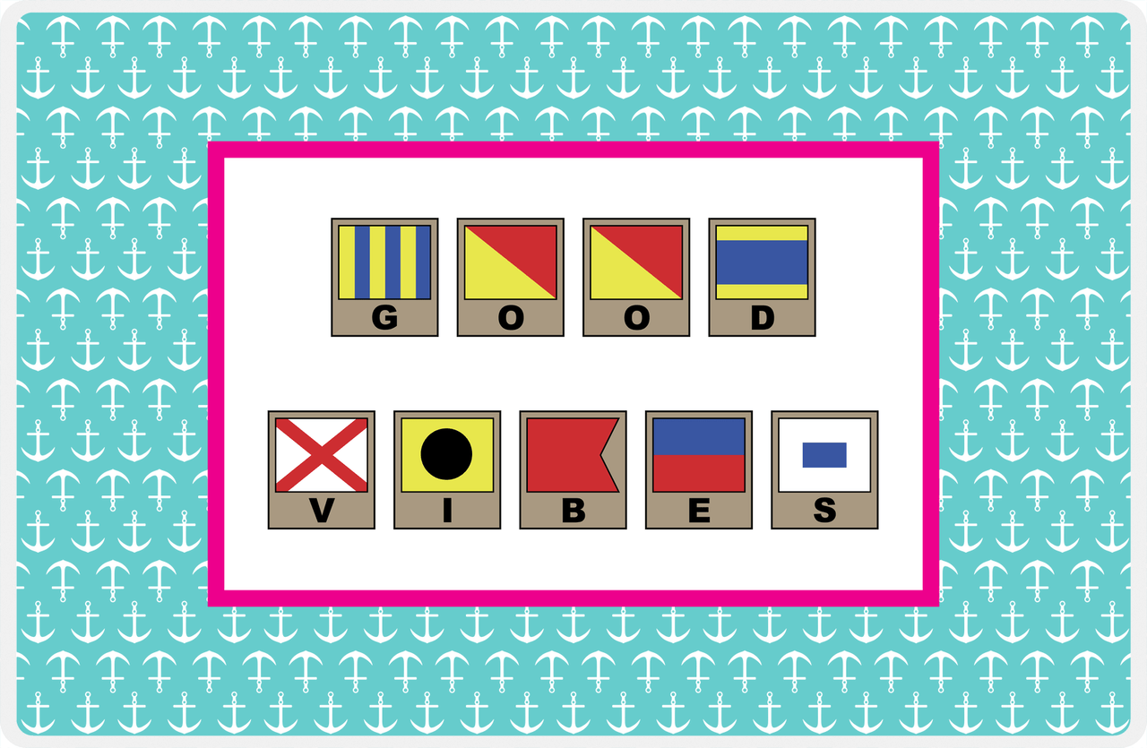 Personalized Nautical Flags Placemat with Anchors - Teal and Pink - Flags with Light Brown Frames -  View