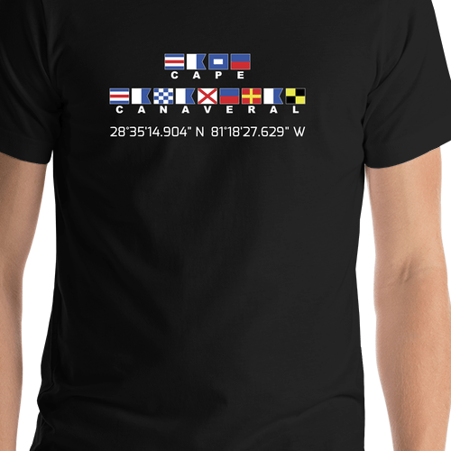 Personalized Nautical Flags T-Shirt - Black - Latitude and Longitude - Shirt Close-Up View