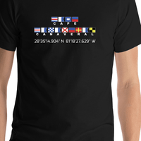 Thumbnail for Personalized Nautical Flags T-Shirt - Black - Latitude and Longitude - Shirt Close-Up View