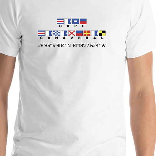 Personalized Nautical Flags T-Shirt - White - Latitude and Longitude - Shirt Close-Up View