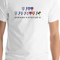 Thumbnail for Personalized Nautical Flags T-Shirt - White - Latitude and Longitude - Shirt Close-Up View