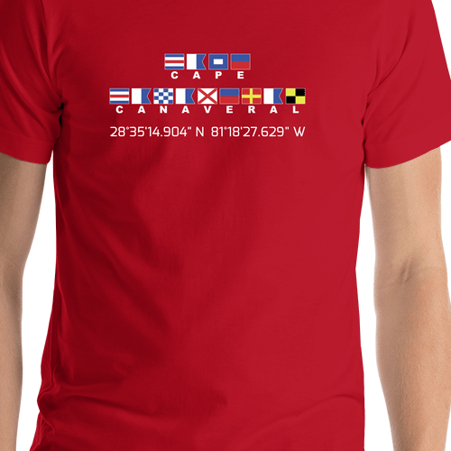 Personalized Nautical Flags T-Shirt - Red - Latitude and Longitude - Shirt Close-Up View