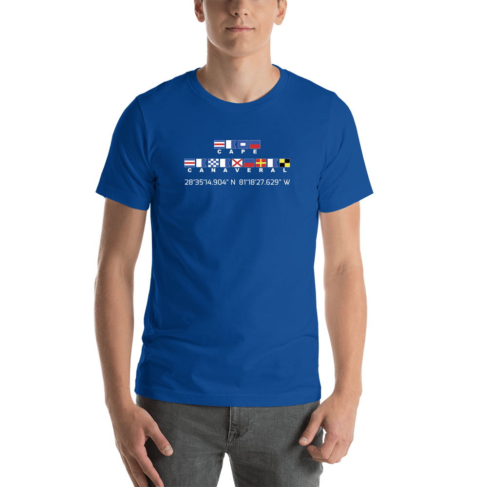 Personalized Nautical Flags T-Shirt - Royal Blue - Latitude and Longitude - Shirt View