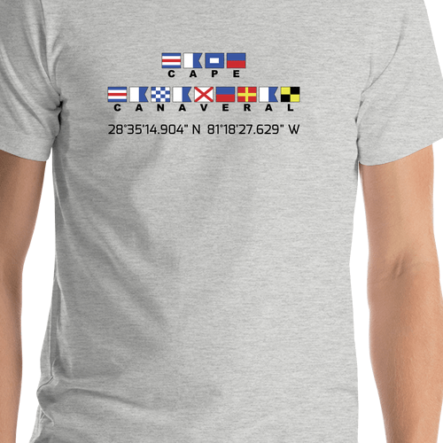 Personalized Nautical Flags T-Shirt - Grey - Latitude and Longitude - Shirt Close-Up View