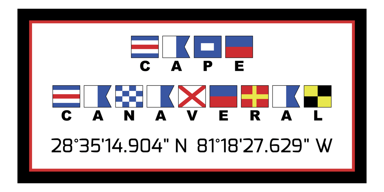 Personalized Nautical Flags Beach Towel - Latitude and Longitude - Black and Red - Cape Canaveral - Front View