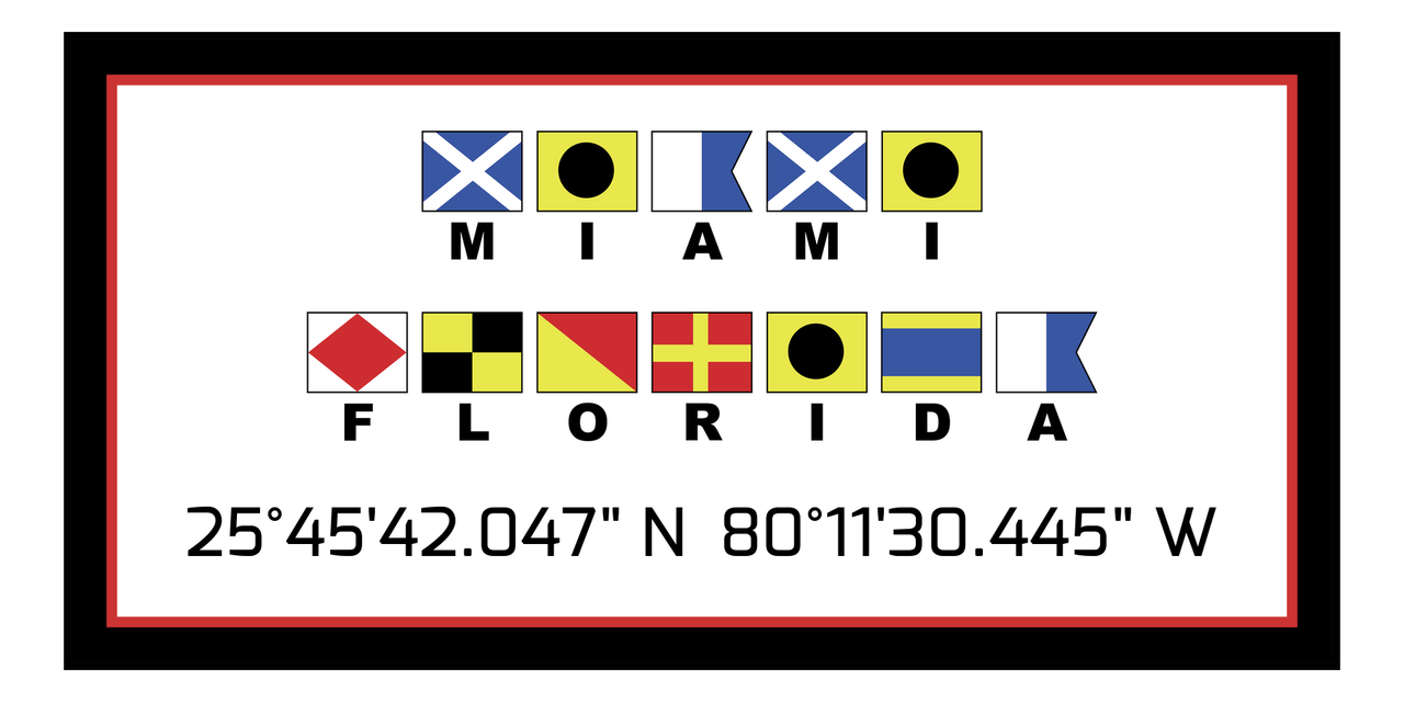Personalized Nautical Flags Beach Towel - Latitude and Longitude - Black and Red - Miami - Front View
