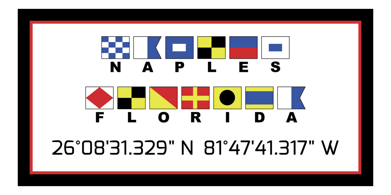 Personalized Nautical Flags Beach Towel - Latitude and Longitude - Black and Red - Naples - Front View