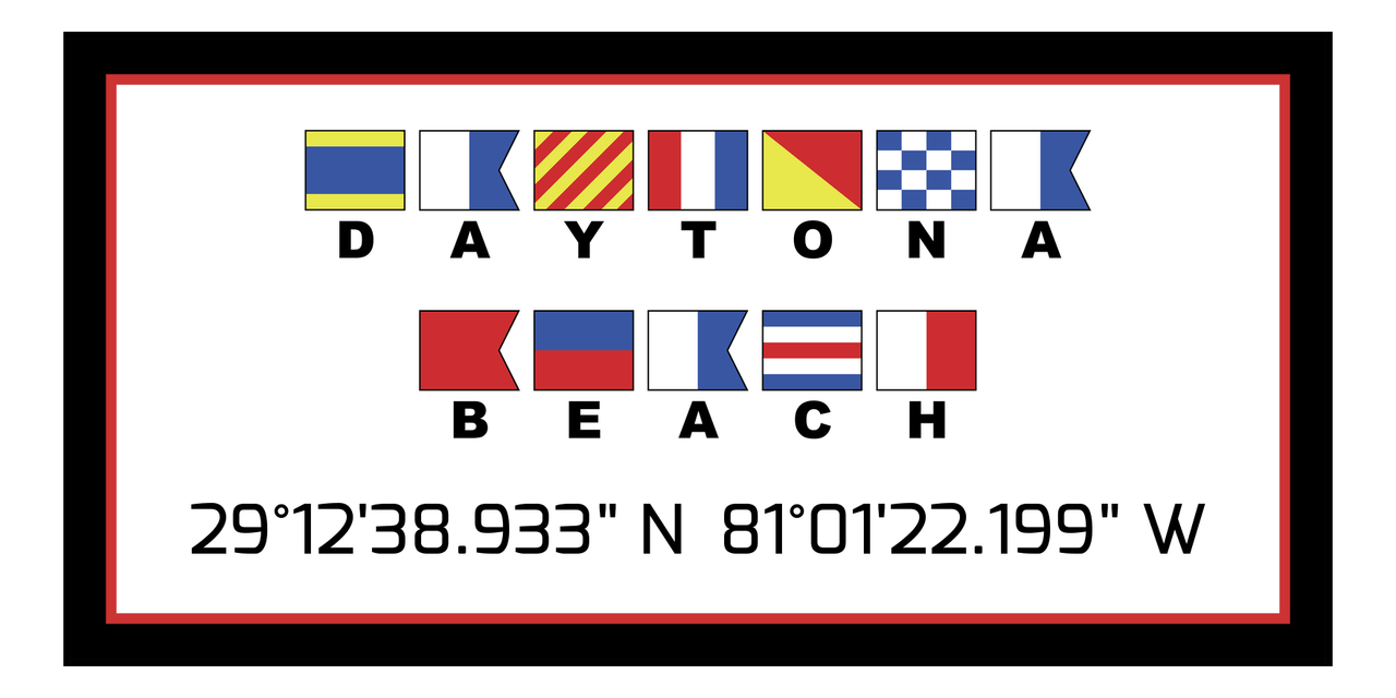 Personalized Nautical Flags Beach Towel - Latitude and Longitude - Black and Red - Daytona Beach - Front View