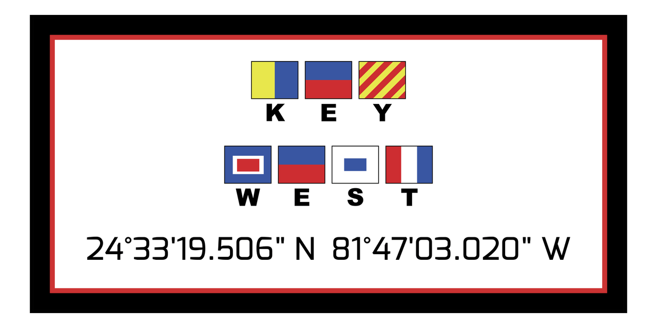 Personalized Nautical Flags Beach Towel - Latitude and Longitude - Black and Red - Key West - Front View