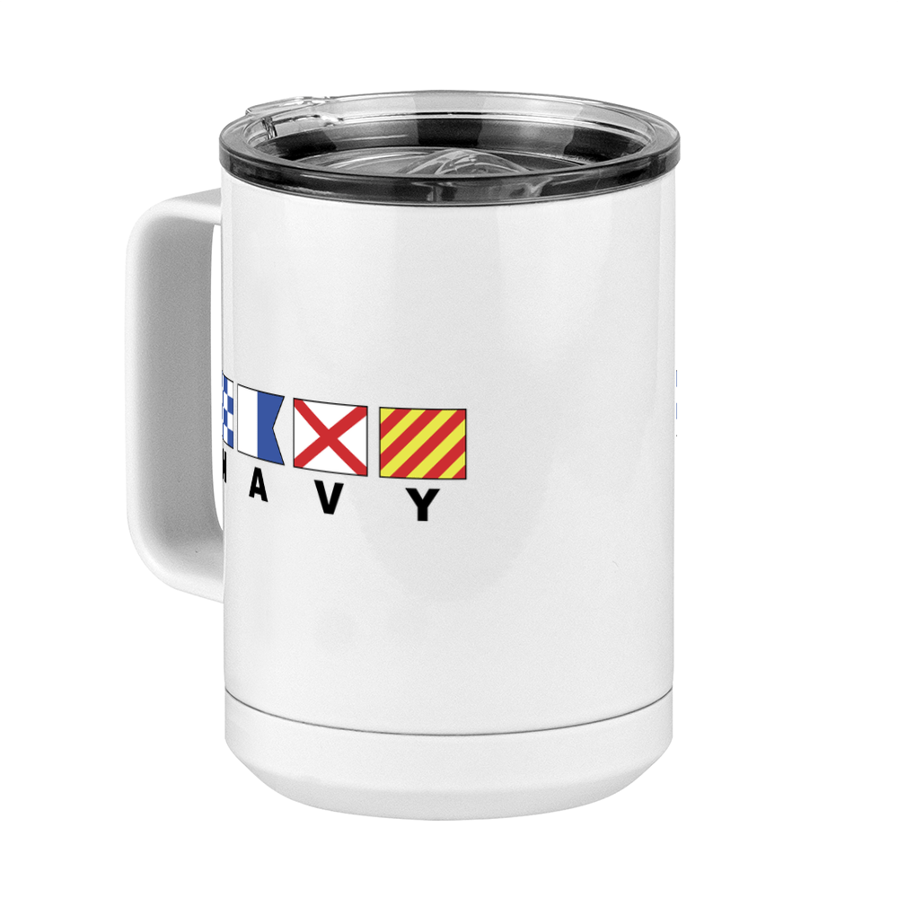 Personalized Navy Nautical Flags Coffee Mug Tumbler with Handle (15 oz) - Front Left View