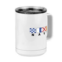 Thumbnail for Personalized Navy Nautical Flags Coffee Mug Tumbler with Handle (15 oz) - Front Right View