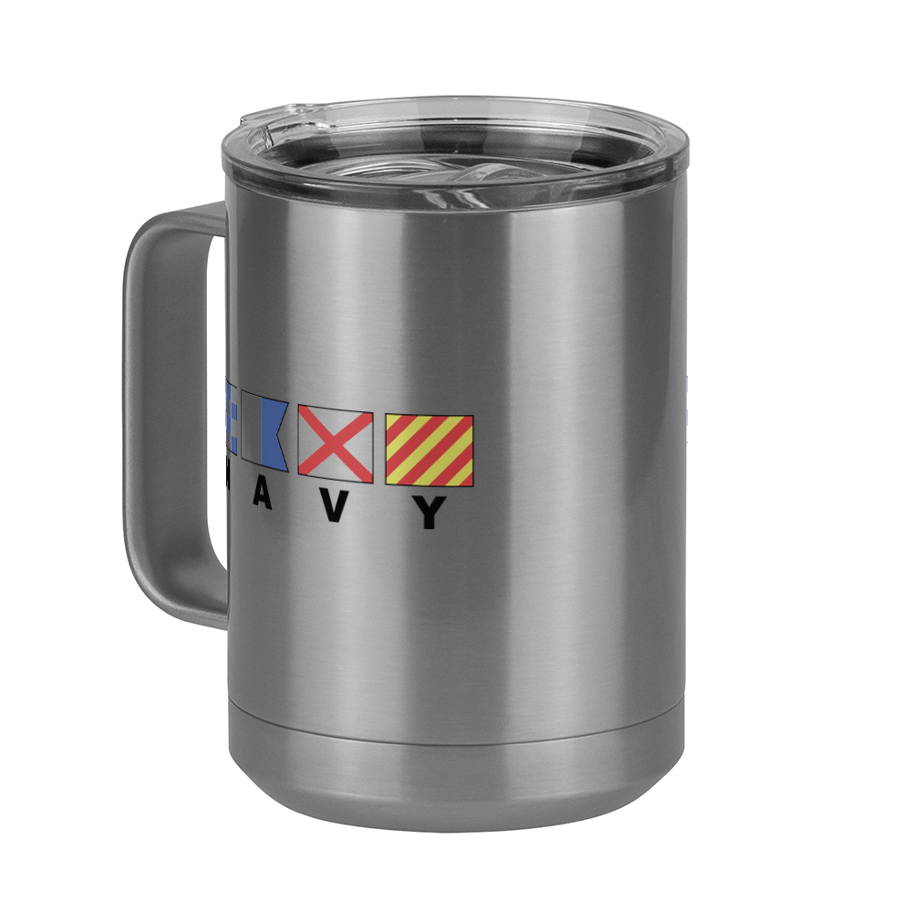 Personalized Navy Nautical Flags Coffee Mug Tumbler with Handle (15 oz) - Front Left View