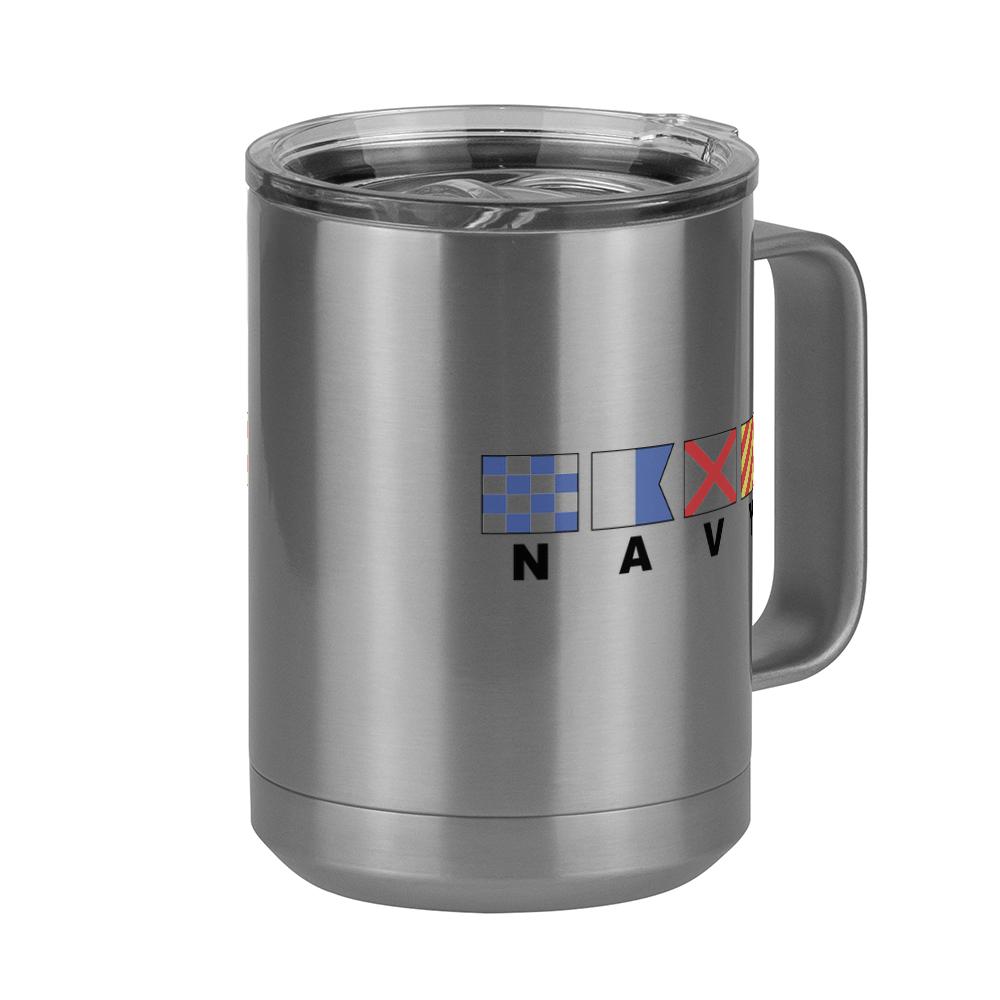 Personalized Navy Nautical Flags Coffee Mug Tumbler with Handle (15 oz) - Front Right View
