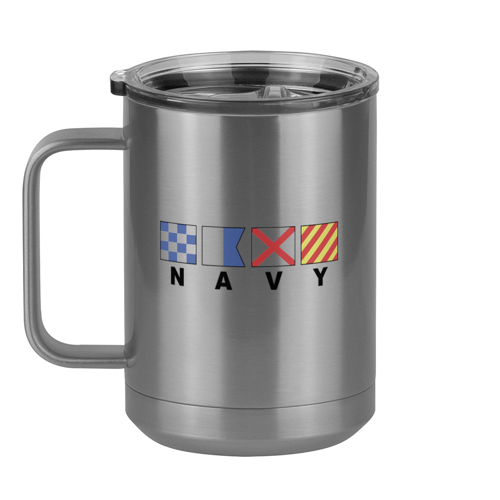 Personalized Navy Nautical Flags Coffee Mug Tumbler with Handle (15 oz) - Left View