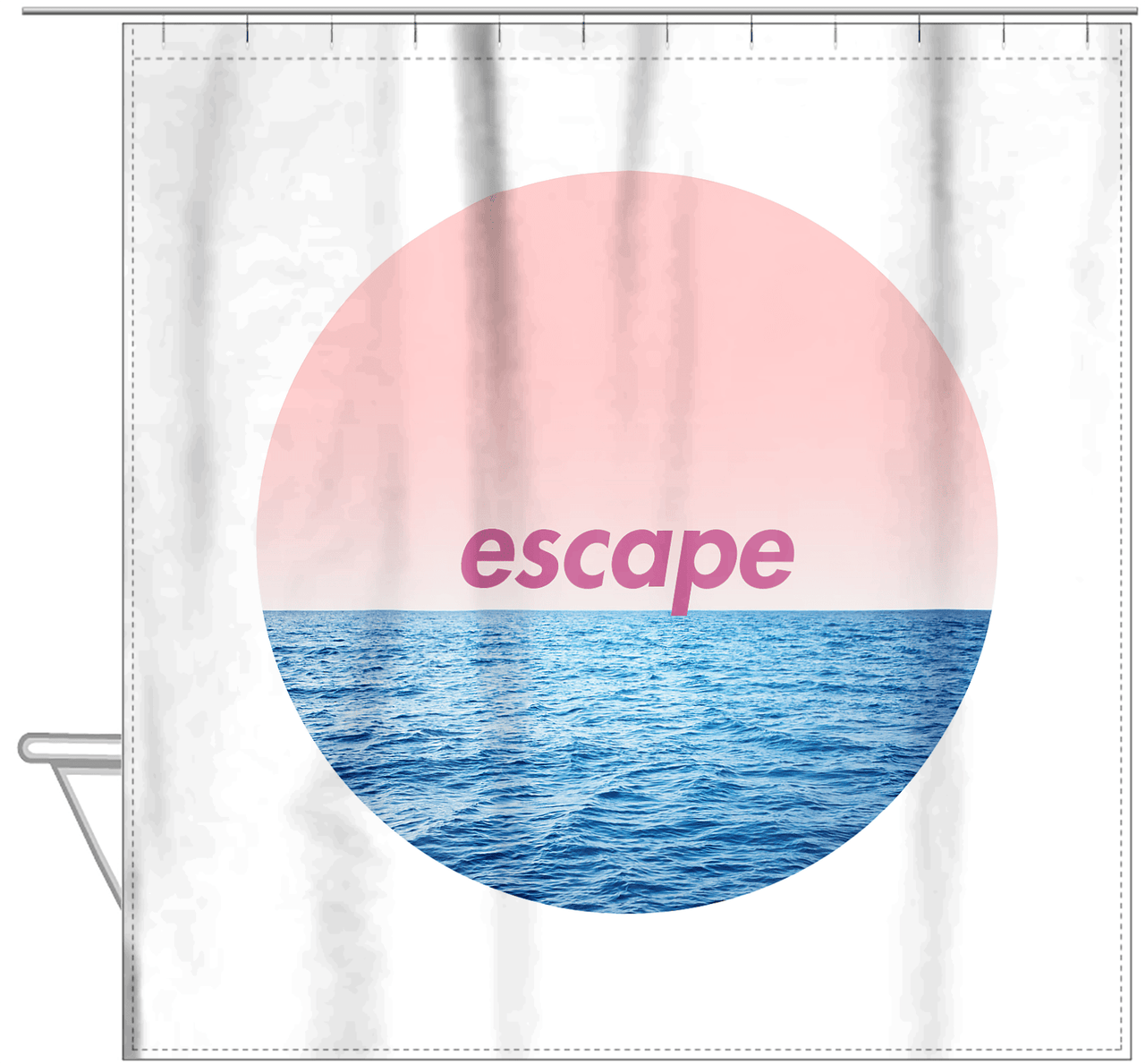 Personalized Ocean Circle Shower Curtain - White with Pink Sky - Ocean Color II - Hanging View