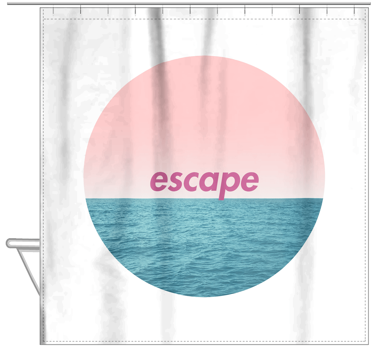 Personalized Ocean Circle Shower Curtain - White with Pink Sky - Ocean Color III - Hanging View