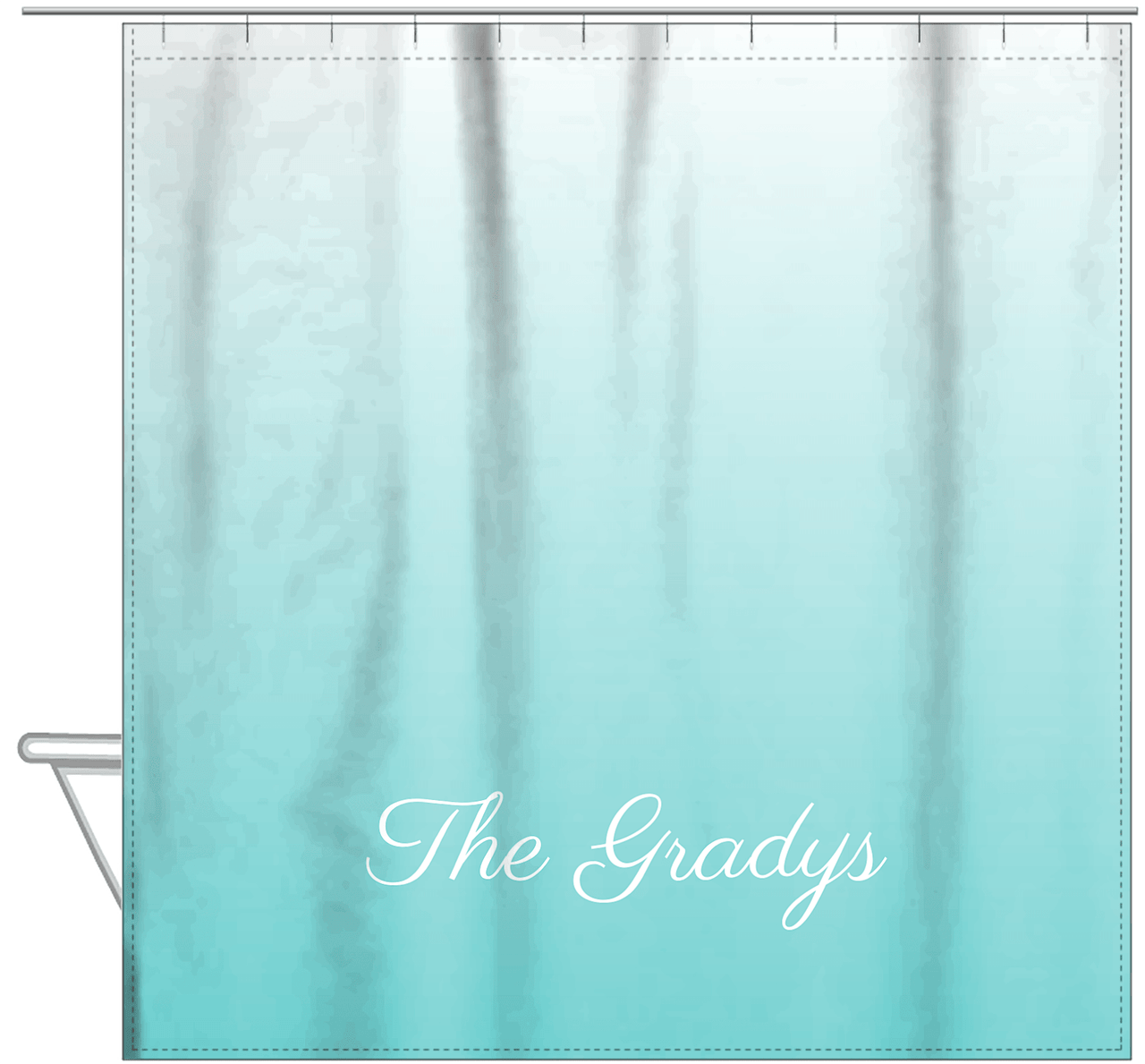 Personalized Ombre Shower Curtain - Teal and White - With Default Text - Ombre I - Hanging View