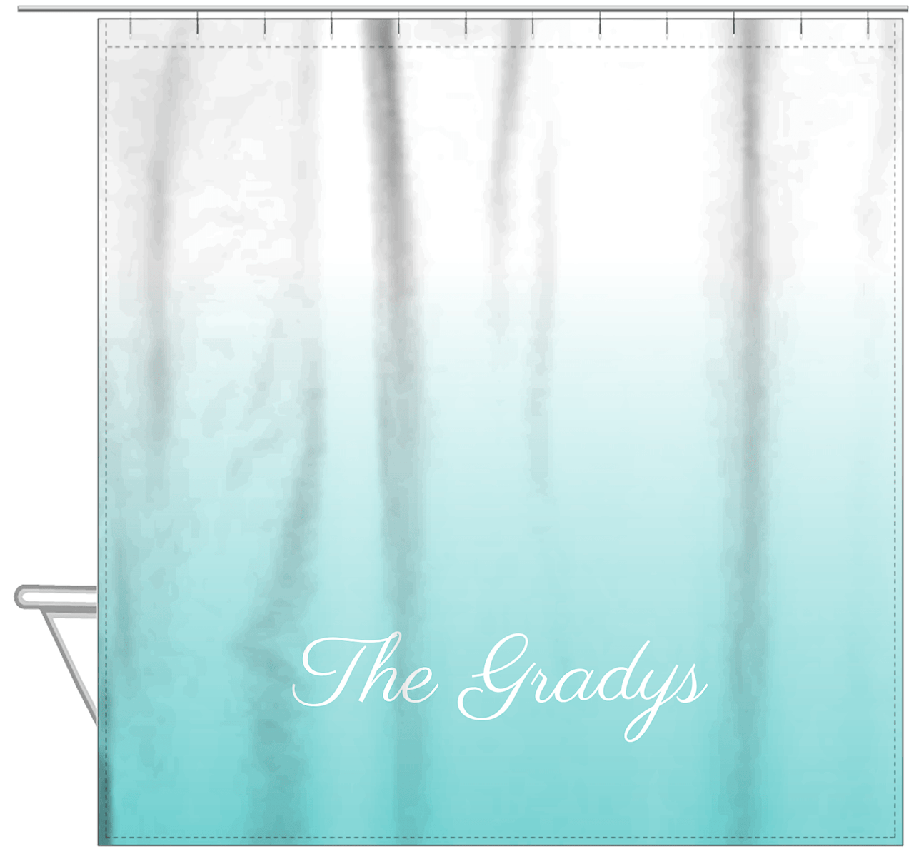 Personalized Ombre Shower Curtain - Teal and White - With Default Text - Ombre II - Hanging View