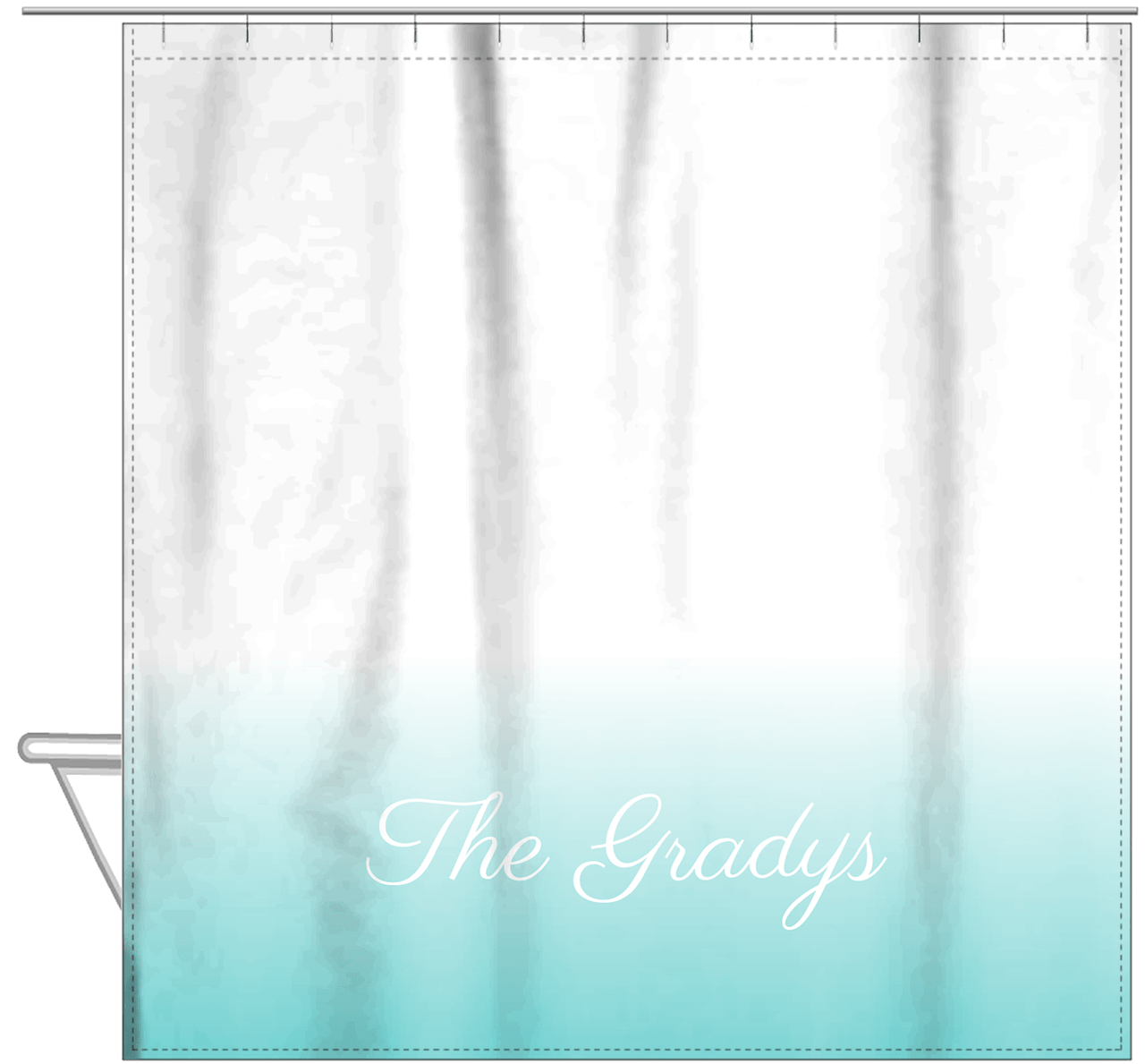 Personalized Ombre Shower Curtain - Teal and White - With Default Text - Ombre III - Hanging View