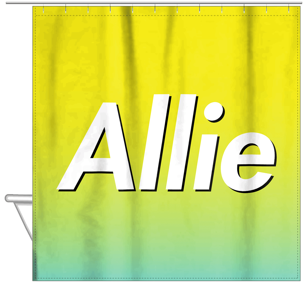 Personalized Ombre Shower Curtain - Yellow and Teal - Hanging View