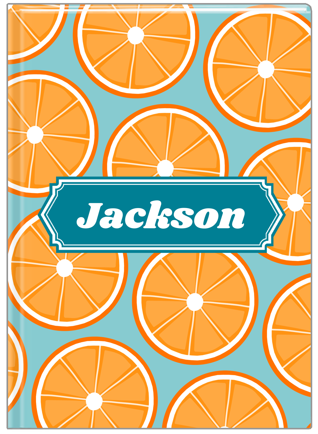 Personalized Oranges Journal - Blue Background - Decorative Rectangle Nameplate - Front View