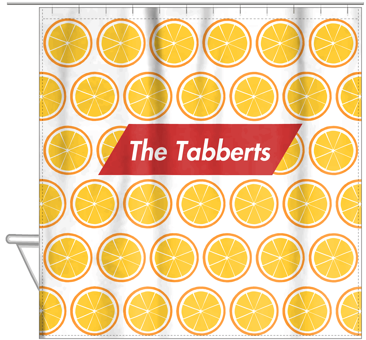 Personalized Oranges Shower Curtain - Angled Rectangle Nameplate - Hanging View