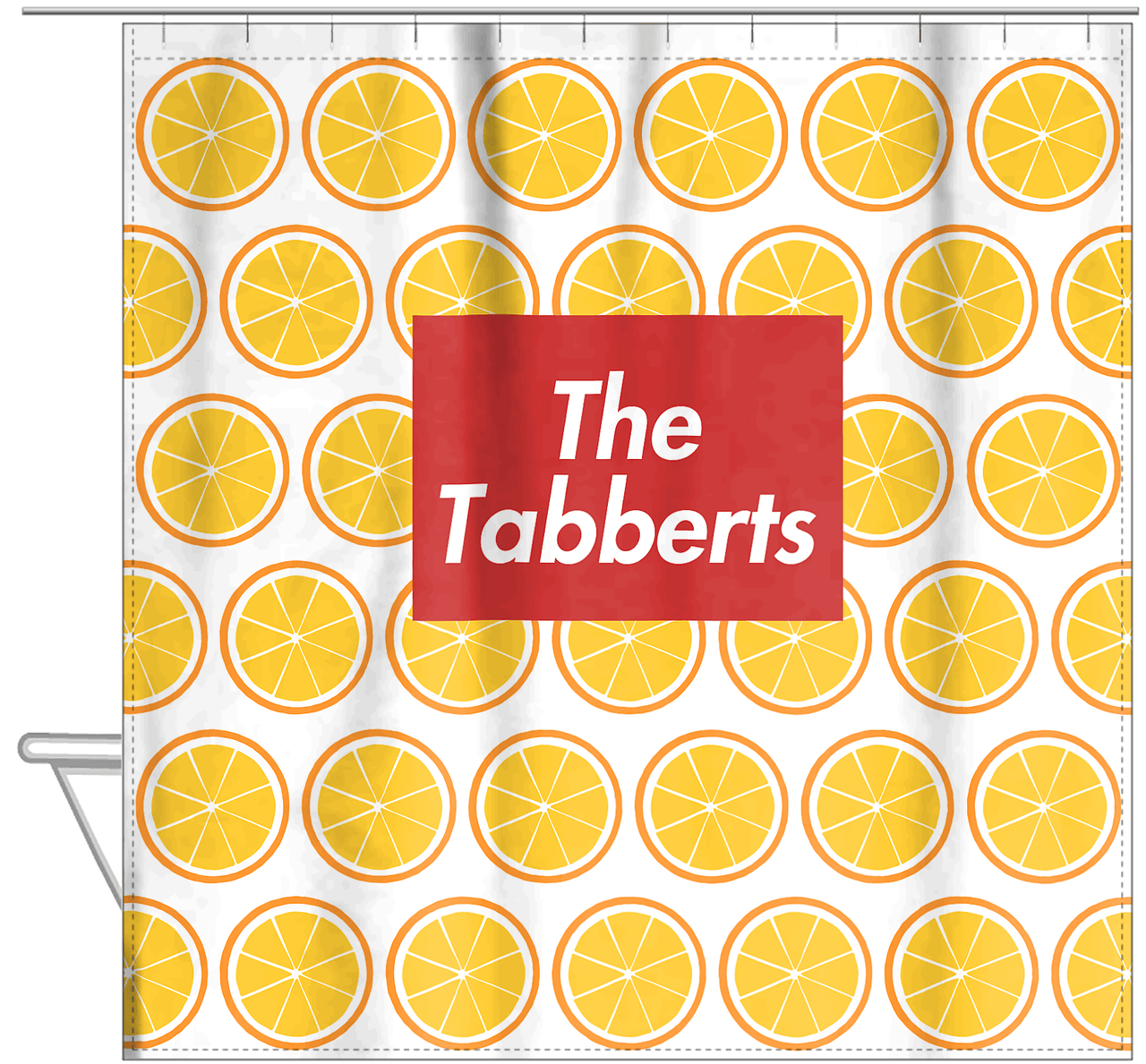Personalized Oranges Shower Curtain - Rectangle Nameplate - Hanging View