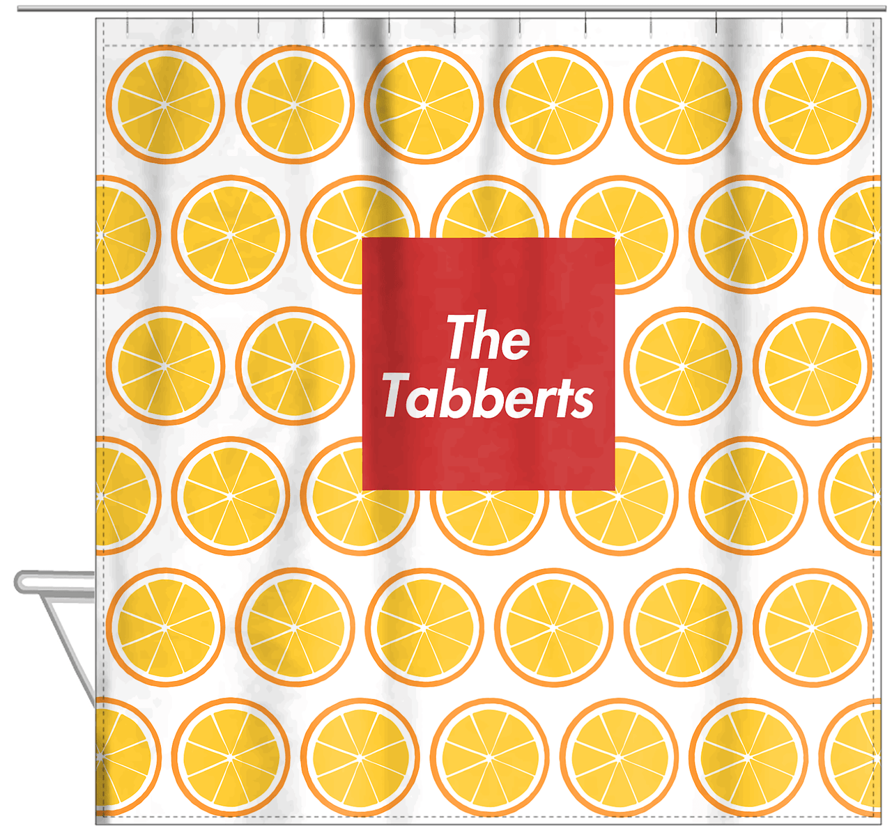 Personalized Oranges Shower Curtain - Square Nameplate - Hanging View
