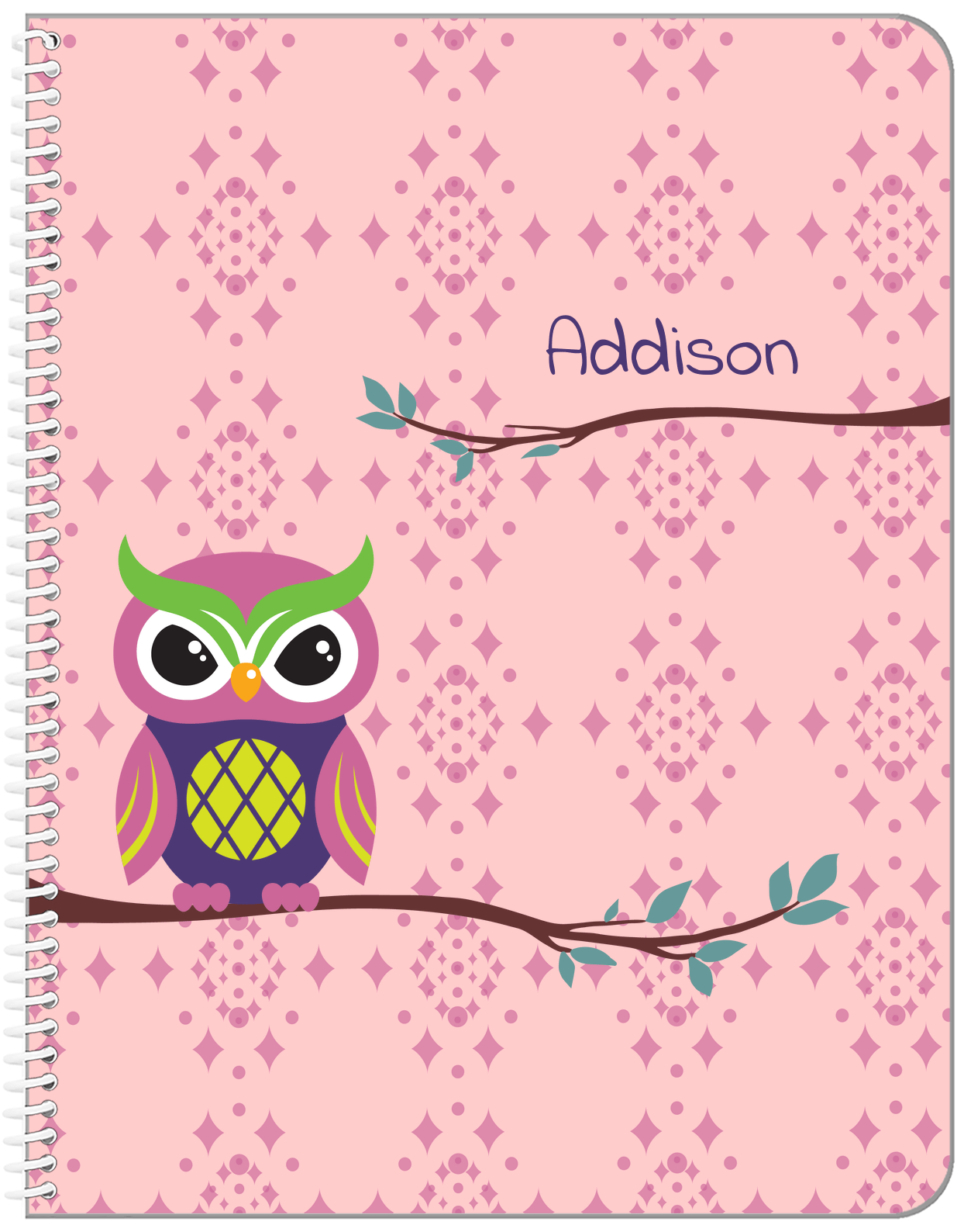 Personalized Owl Notebook I - Pink Background - Owl II - Front View