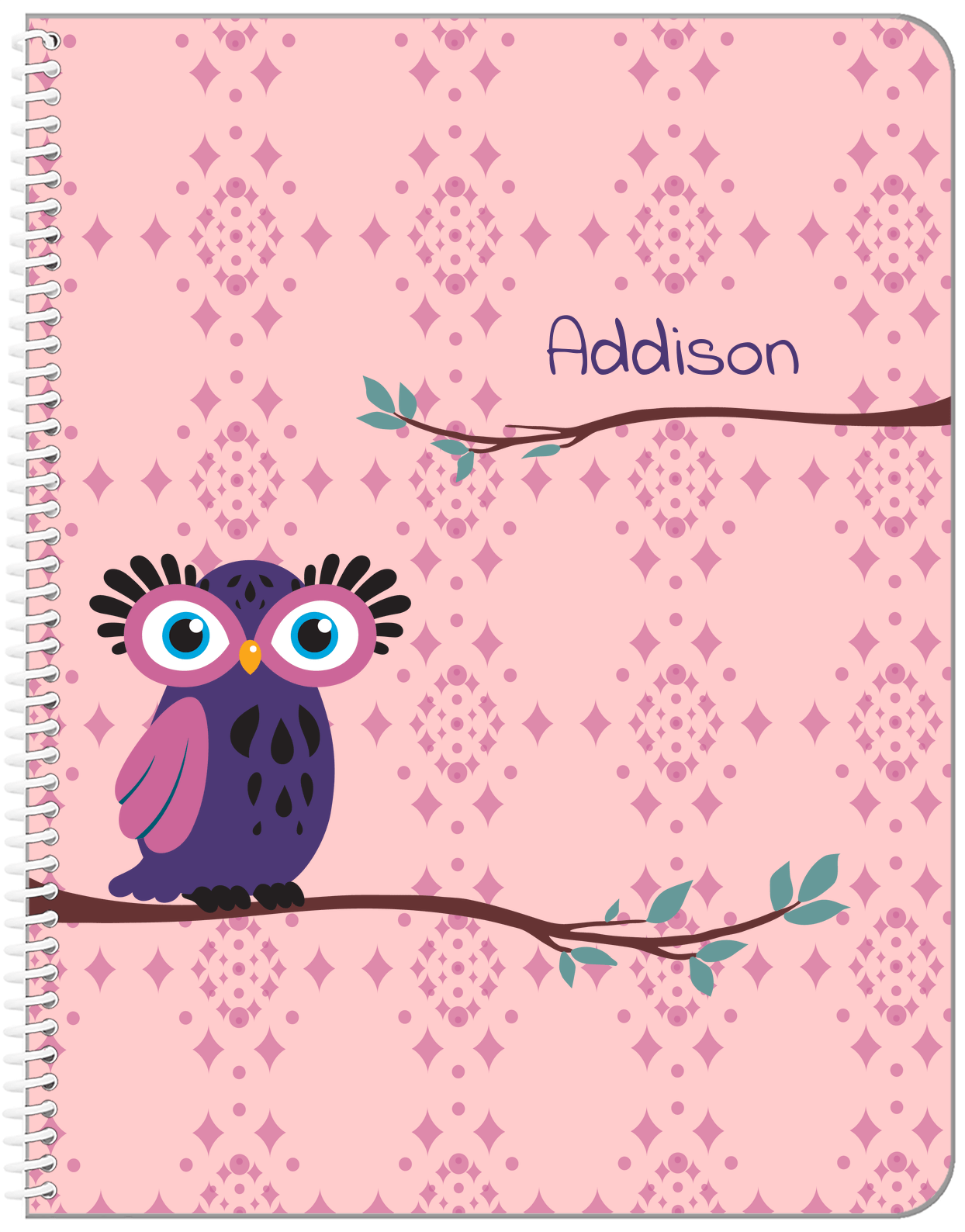 Personalized Owl Notebook I - Pink Background - Owl III - Front View