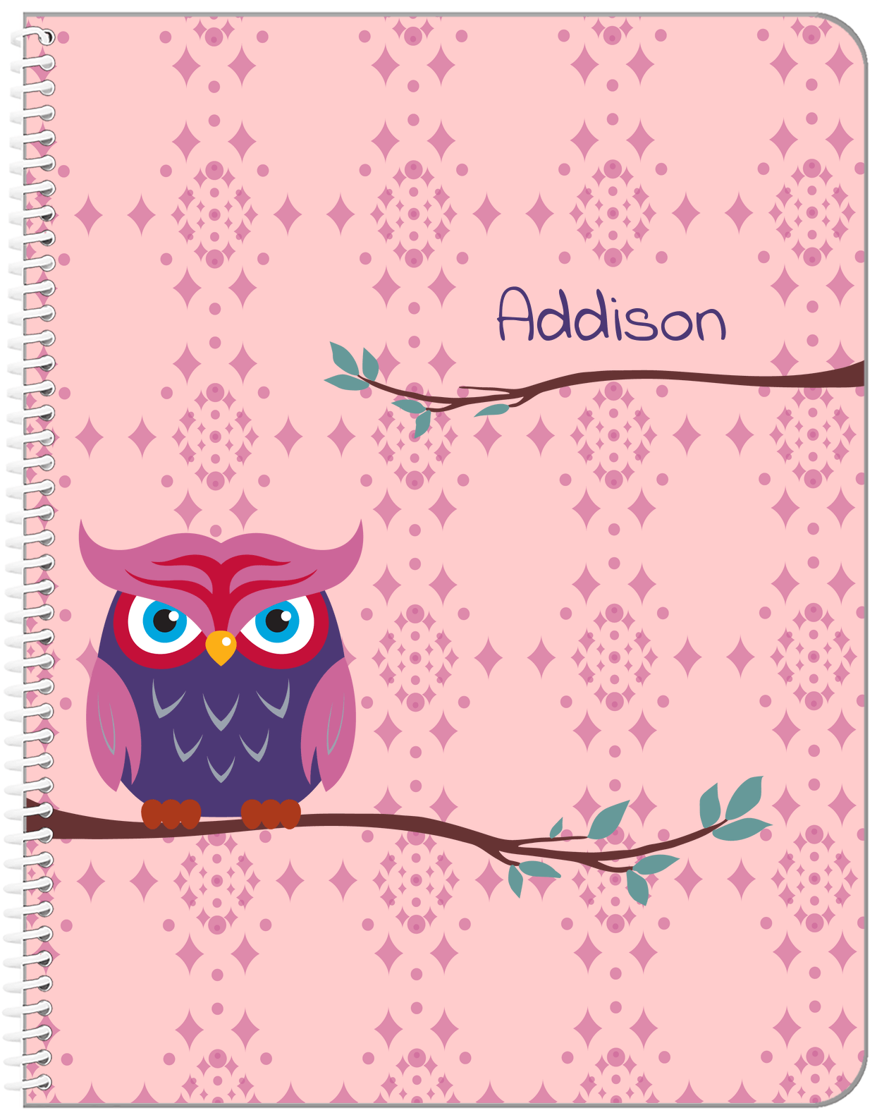 Personalized Owl Notebook I - Pink Background - Owl IV - Front View