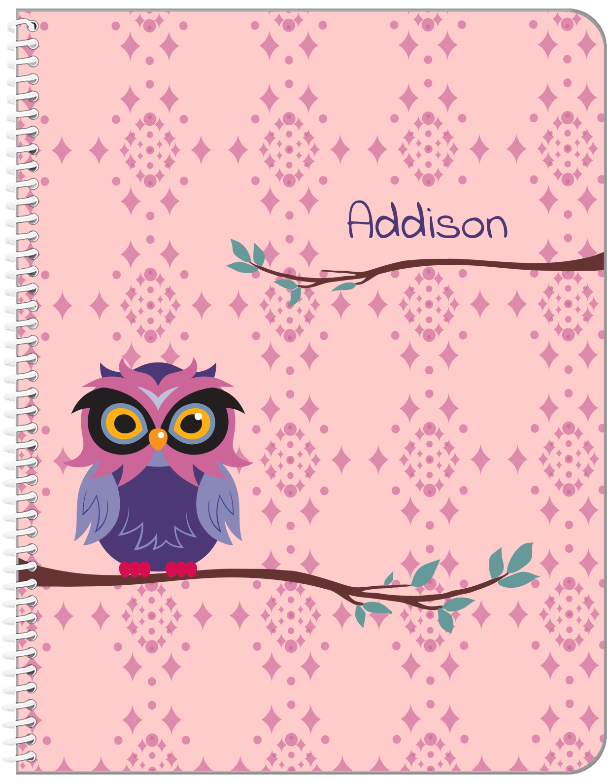 Personalized Owl Notebook I - Pink Background - Owl V - Front View