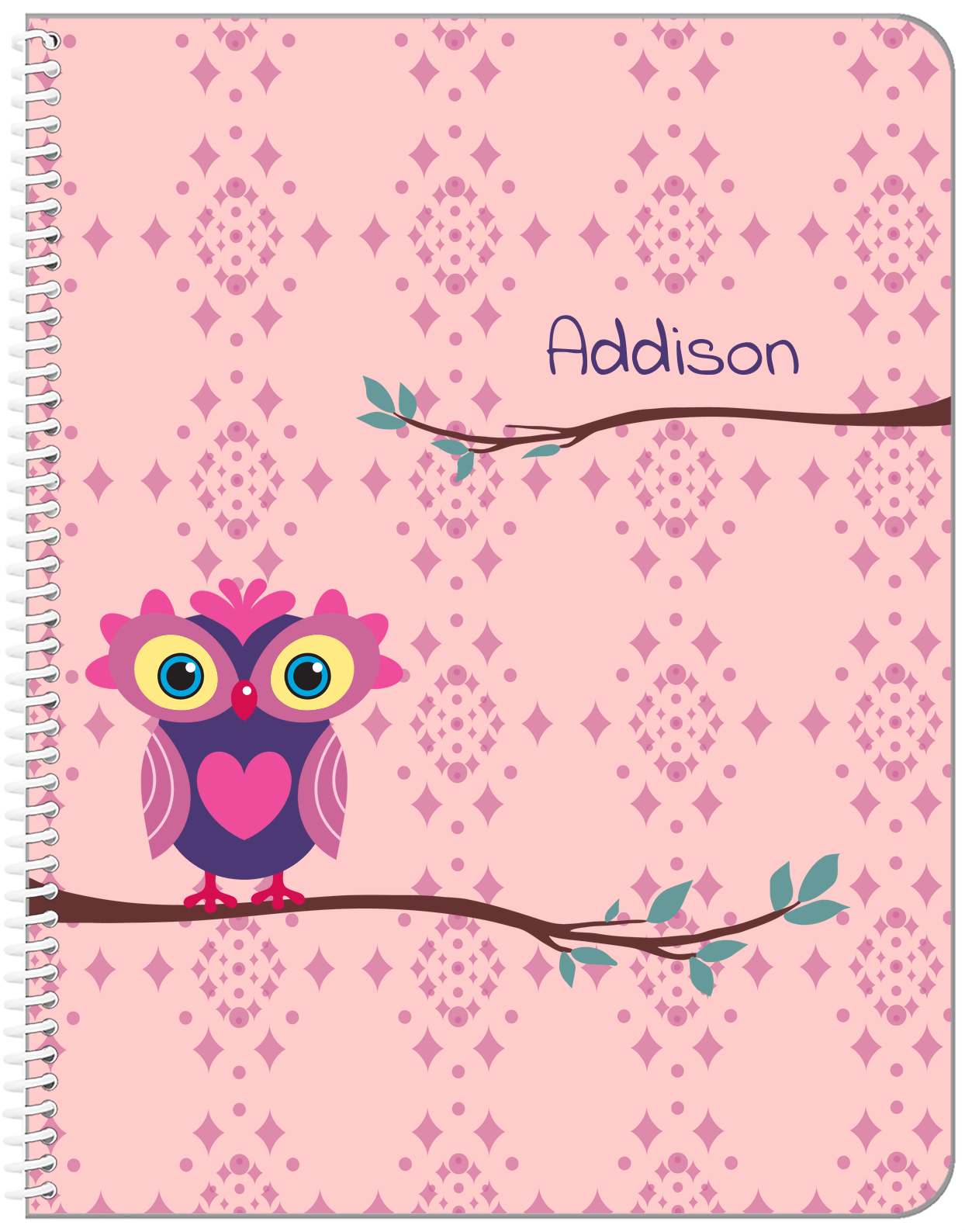 Personalized Owl Notebook I - Pink Background - Owl VI - Front View