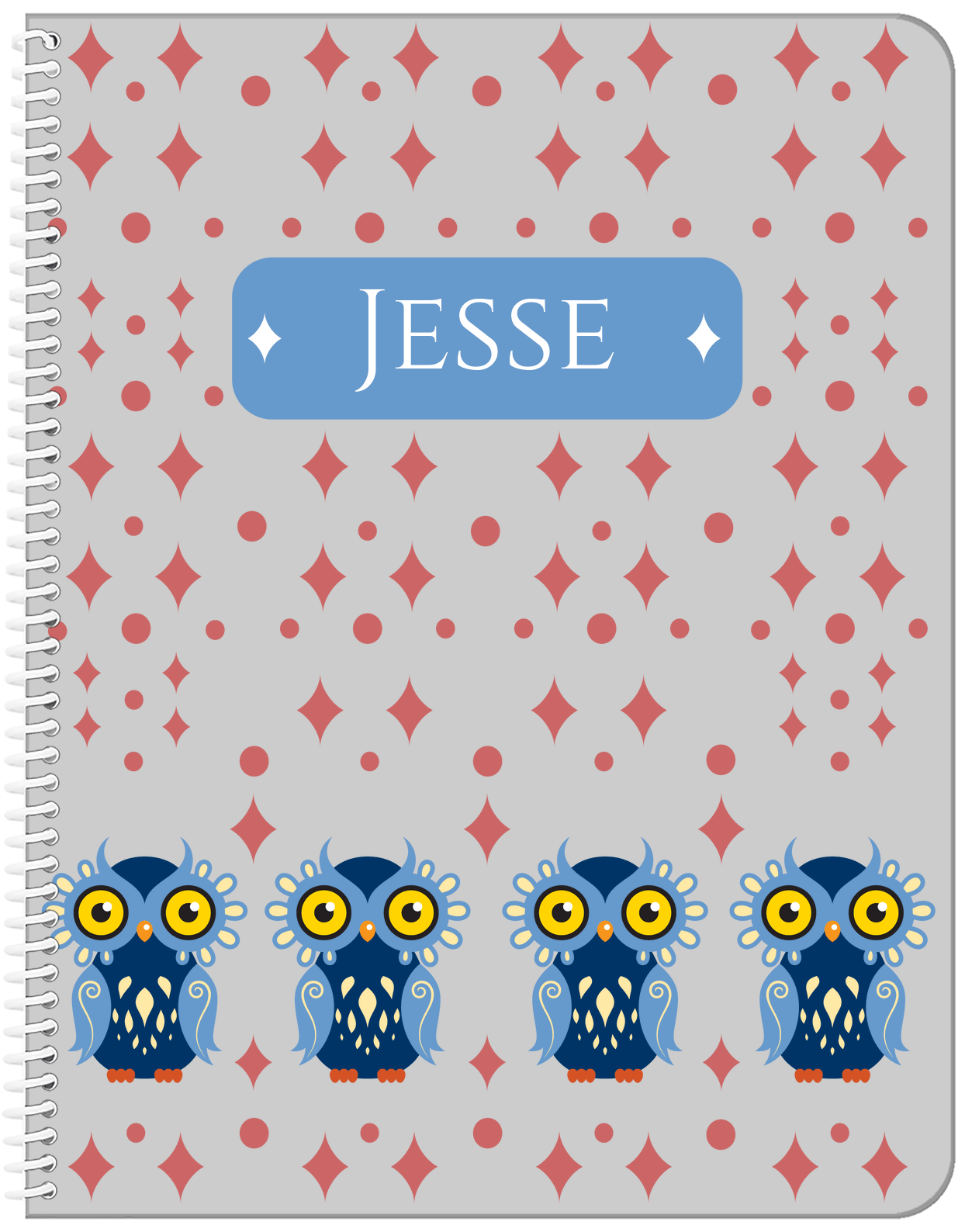Personalized Owl Notebook II - Grey Background - Owl II - Front View