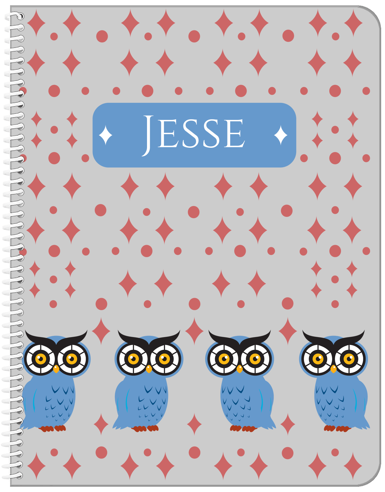 Personalized Owl Notebook II - Grey Background - Owl VI - Front View