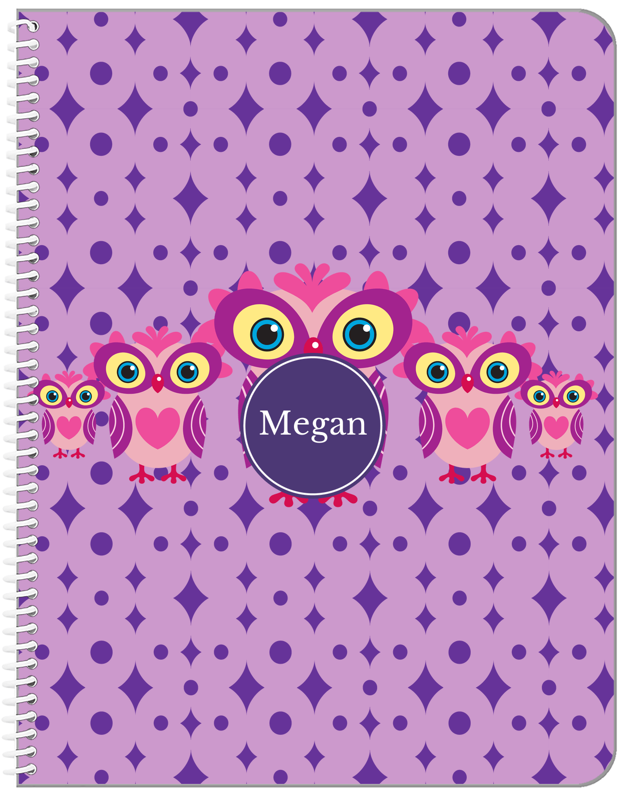 Personalized Owl Notebook IV - Purple Background - Owl V - Front View