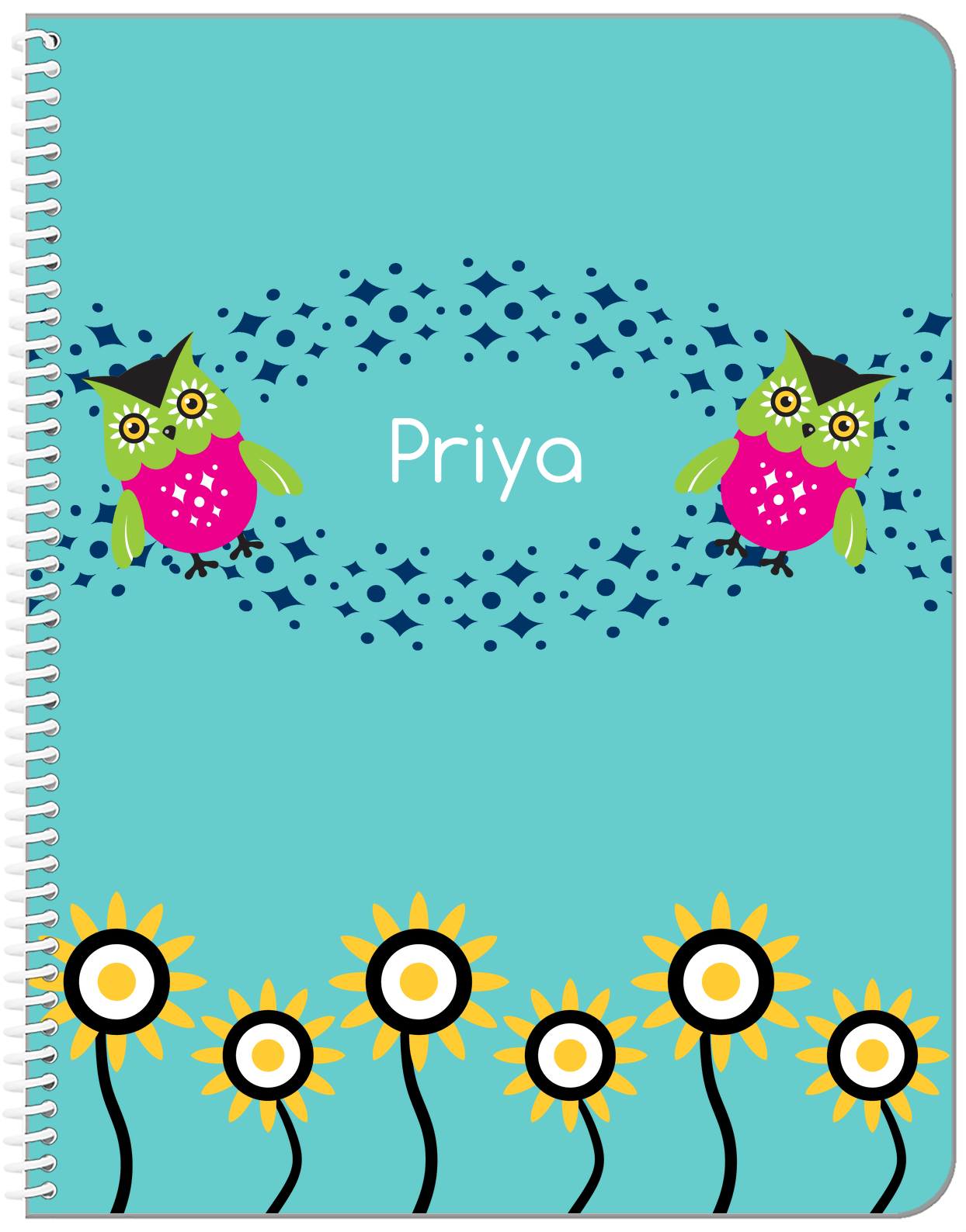 Personalized Owl Notebook V - Teal Background - Owl I - Front View