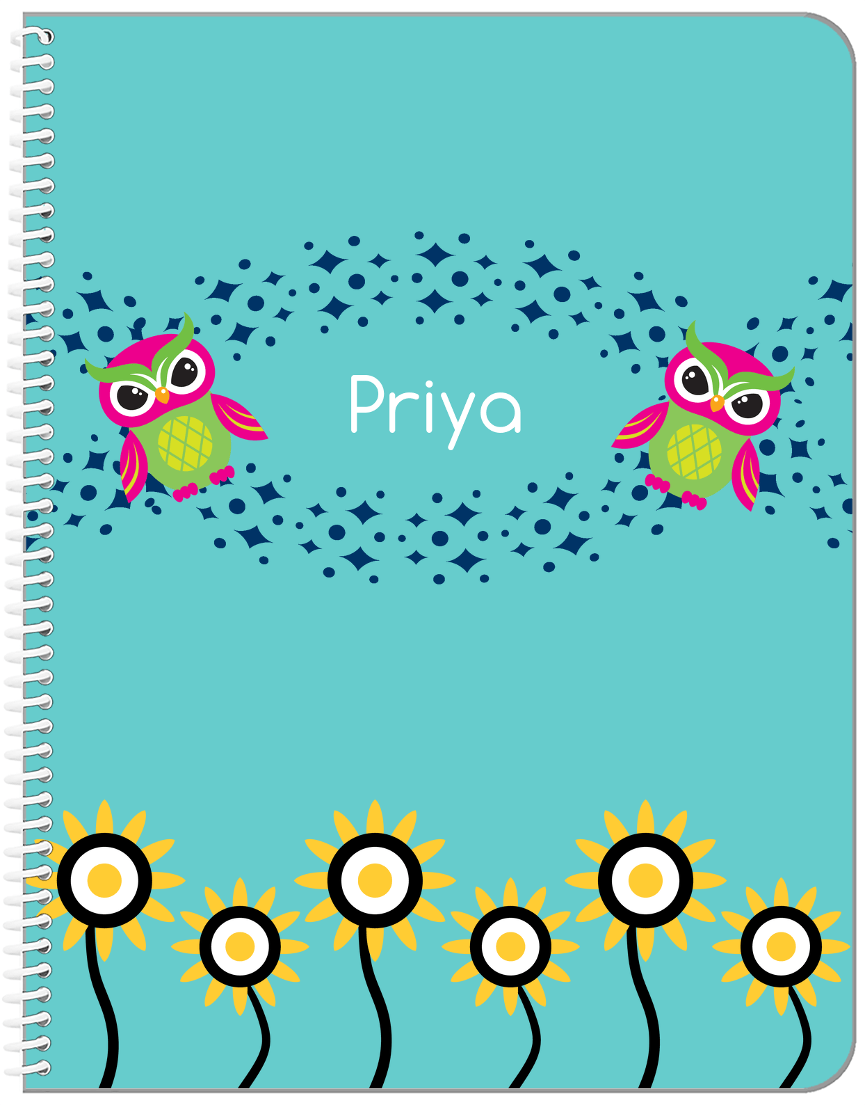 Personalized Owl Notebook V - Teal Background - Owl III - Front View