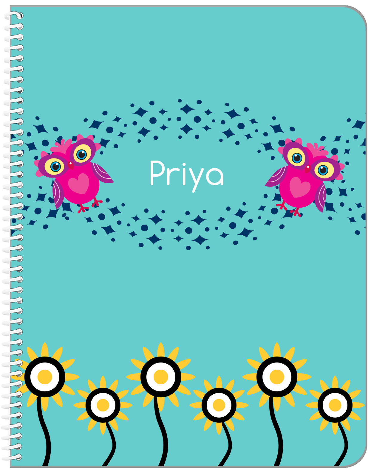 Personalized Owl Notebook V - Teal Background - Owl V - Front View