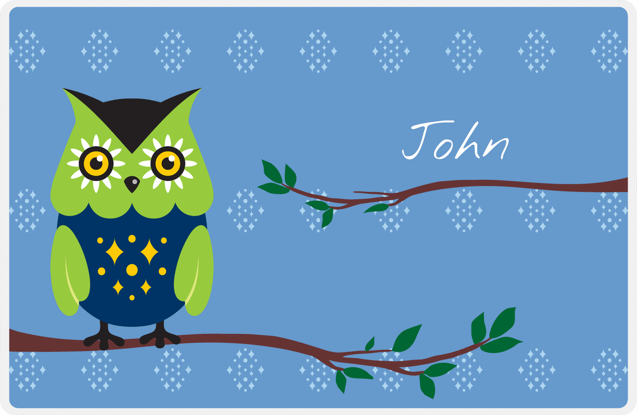 Personalized Owl Placemat - On Branch - Owl 08 - Blue Background with Navy & Lime Owl -  View