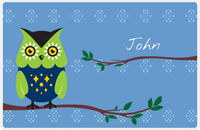 Thumbnail for Personalized Owl Placemat - On Branch - Owl 08 - Blue Background with Navy & Lime Owl -  View