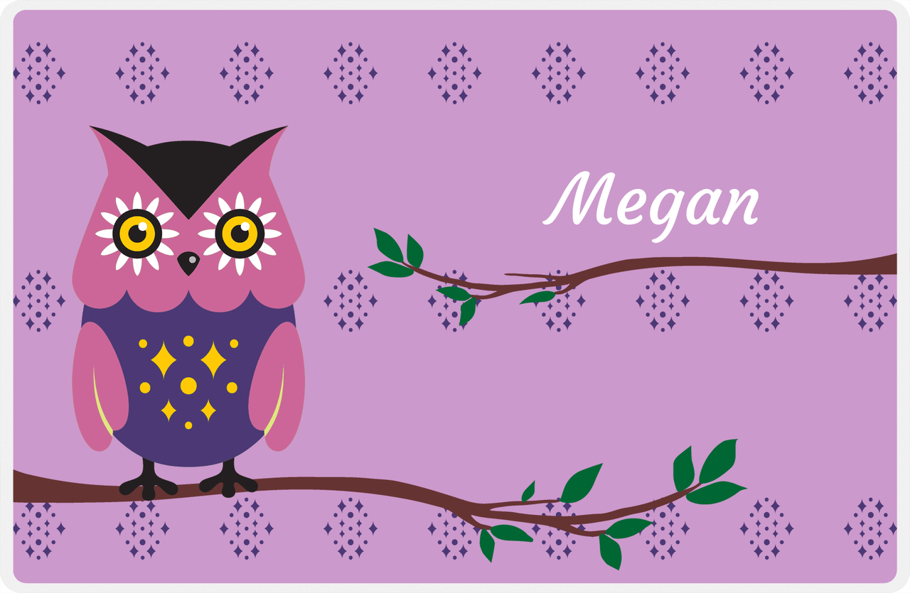 Personalized Owl Placemat - On Branch - Owl 08 - Lilac Background with Indigo & Orchid Owl -  View