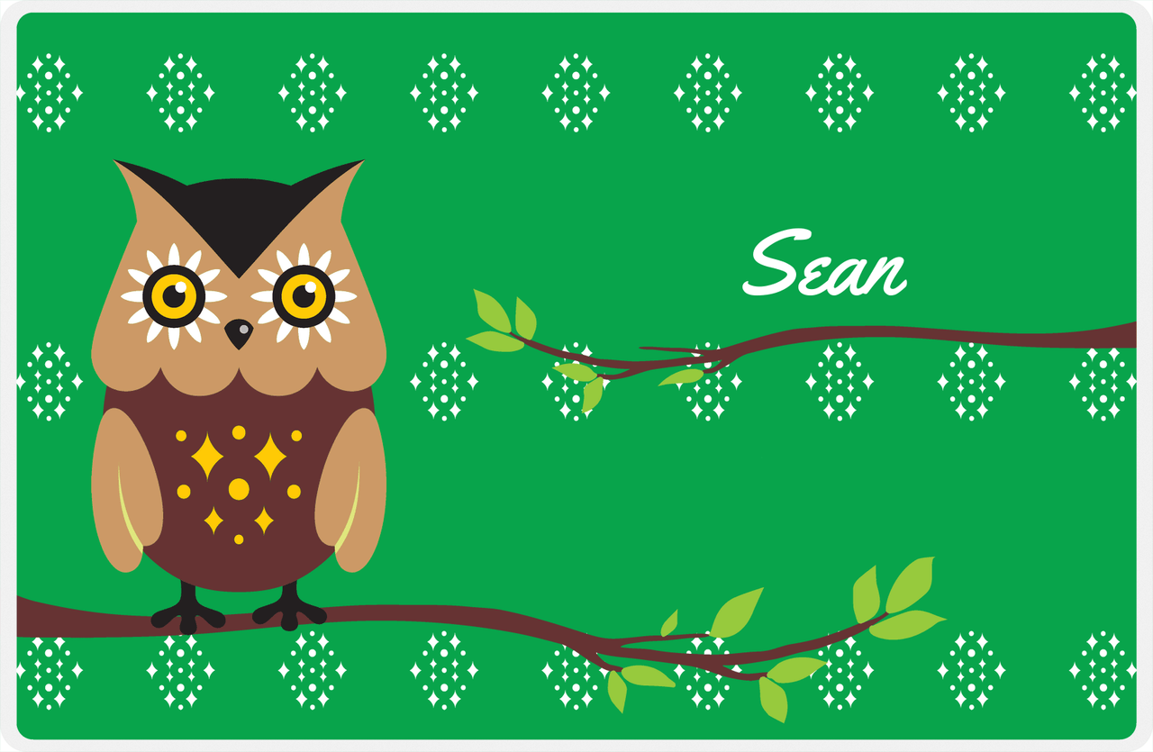 Personalized Owl Placemat - On Branch - Owl 08 - Green Background with Brown Owl -  View