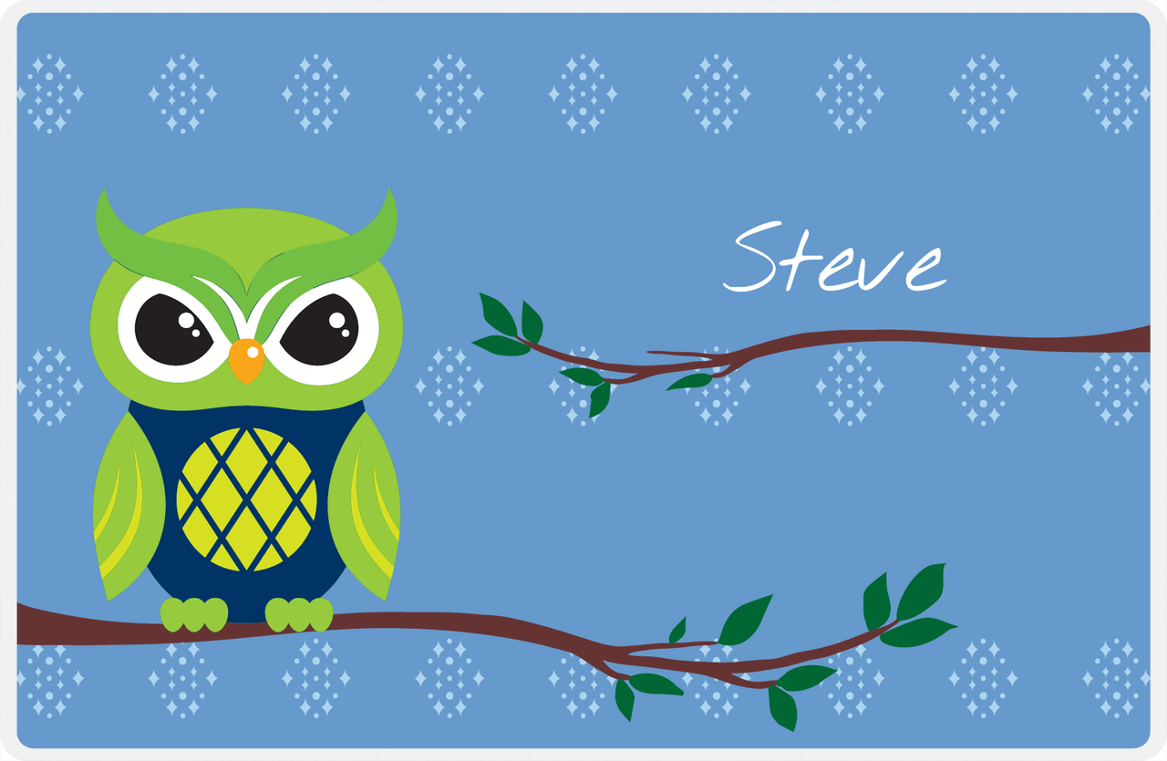 Personalized Owl Placemat - On Branch - Owl 03 - Blue Background with Navy & Lime Owl -  View