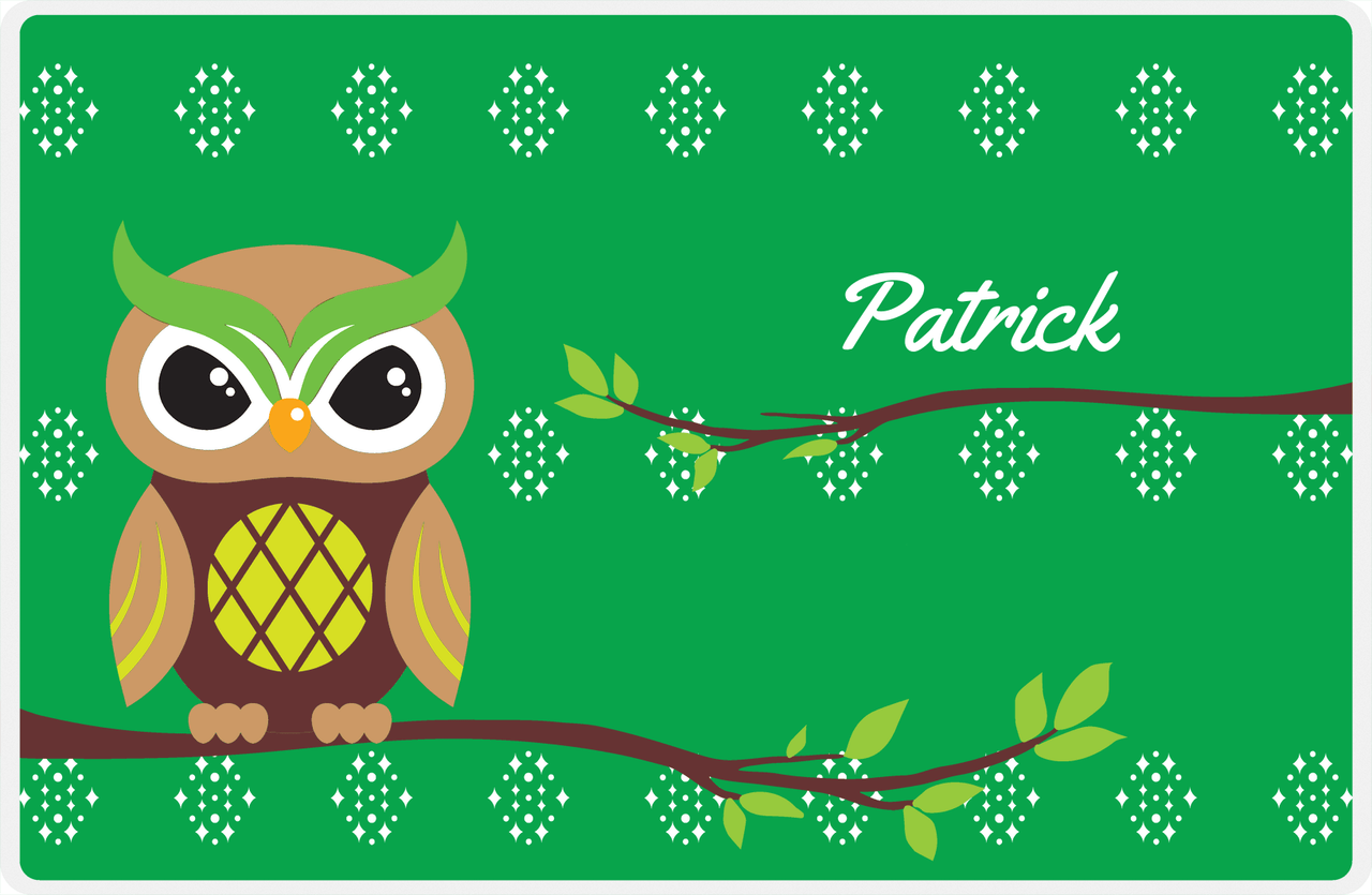 Personalized Owl Placemat - On Branch - Owl 03 - Green Background with Brown Owl -  View